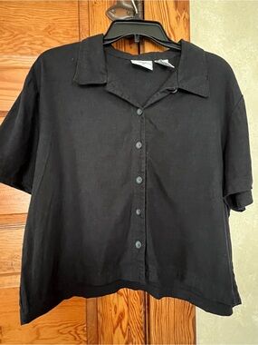 Vintage Lightweight Casual Black Rayon/Linen Women’s Button Up Top Size 16
